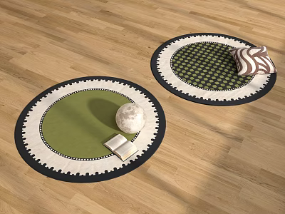 Round Rugs on Wooden Floor with Green Design White Sphere Book and Striped Cushion 3d model