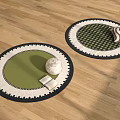 Round Rugs on Wooden Floor with Green Design White Sphere Book and Striped Cushion