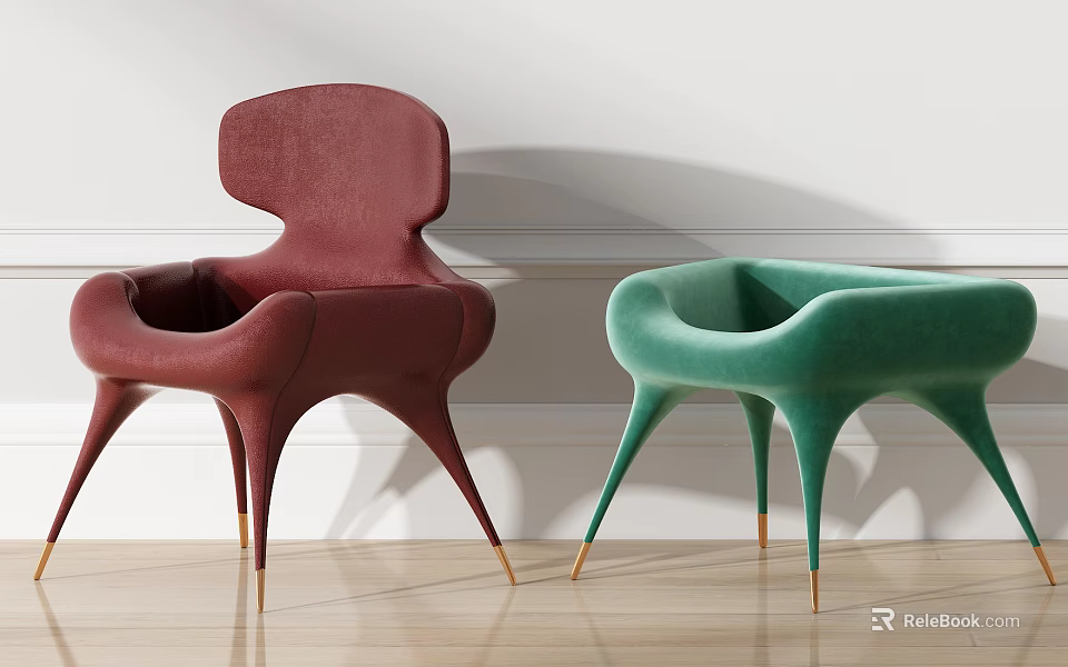 Burgundy and Emerald Green Velvet Accent Chairs with Curved Design and Gold Tip Metal Legs 3d model 