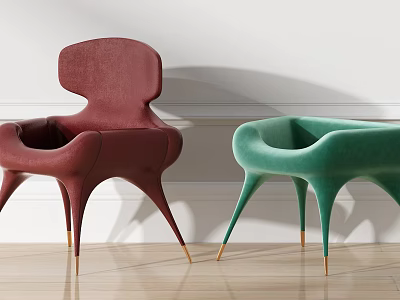 Burgundy and Emerald Green Velvet Accent Chairs with Curved Design and Gold Tip Metal Legs 3d model
