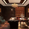 Luxurious Study Room Interior With Dark Wooden Walls Chandelier Bookshelf Leather Sofa And Armchairs