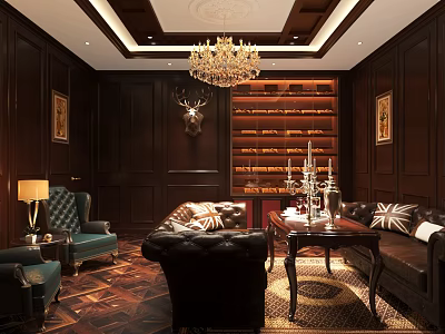Luxurious Study Room Interior With Dark Wooden Walls Chandelier Bookshelf Leather Sofa And Armchairs 3d model