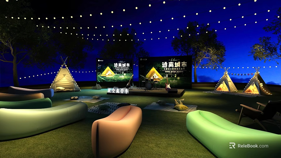Garden Landscape Design With Camping Tents Large Screens String Lights And Seating Areas 3d model 