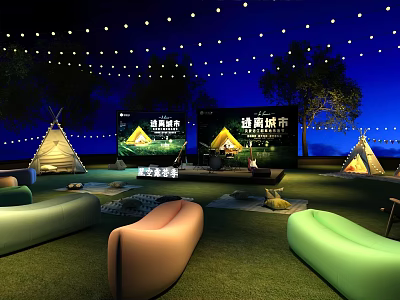 Garden Landscape Design With Camping Tents Large Screens String Lights And Seating Areas 3d model