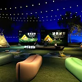 Garden Landscape Design With Camping Tents Large Screens String Lights And Seating Areas
