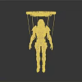 Futuristic Mechanical Cyborg Figure With Advanced Metallic Armor And Suspended Structure Above Head