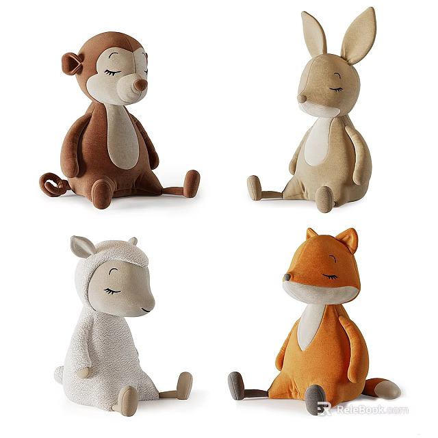 Cute Plush Animal Stuffed Toys Sitting Monkey Kangaroo Lamb Fox in Various Colors 3d model 