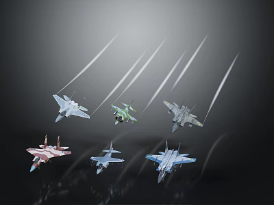 Six Military Fighter Jets Flying With Various Colors And White Contrails In Sky 3d model
