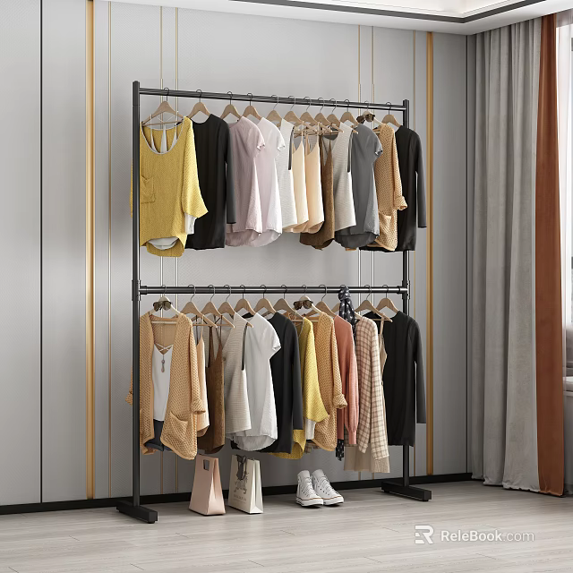 Double Layer Clothes Rack With Various Colored Clothes In Modern Room 3d model