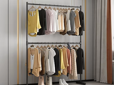 Double Layer Clothes Rack With Various Colored Clothes In Modern Room 3d model