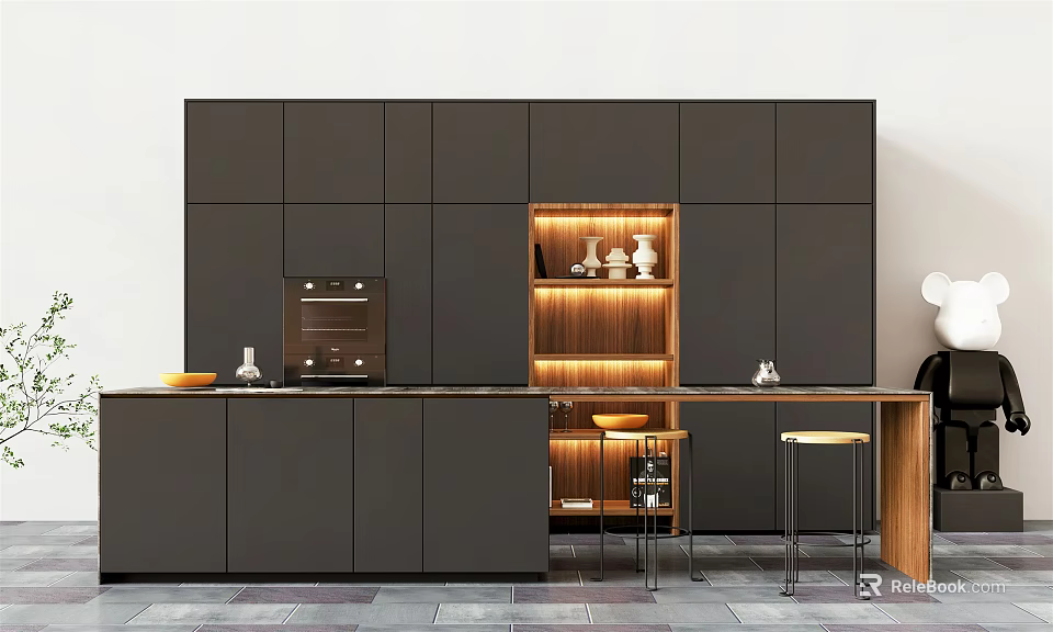 Modern Kitchen With Dark Cabinets Wooden Shelving Lighting And Bar Counter Stools 3d model 