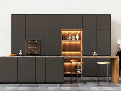 Modern Kitchen With Dark Cabinets Wooden Shelving Lighting And Bar Counter Stools 3d model