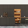 Modern Kitchen With Dark Cabinets Wooden Shelving Lighting And Bar Counter Stools