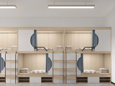 School Dormitory Interior With Wooden Bunk Beds And Curtain Partitions 3d model