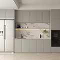Modern Kitchen Interior With Gray Cabinets Marble Backsplash Stainless Steel Refrigerator And Oven