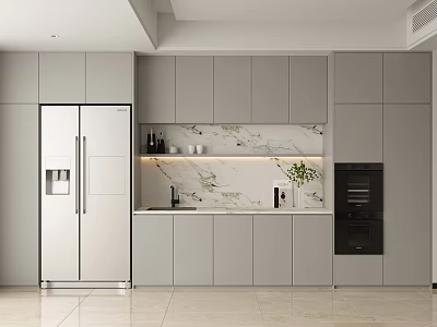 Modern Kitchen Interior With Gray Cabinets Marble Backsplash Stainless Steel Refrigerator And Oven 3d model