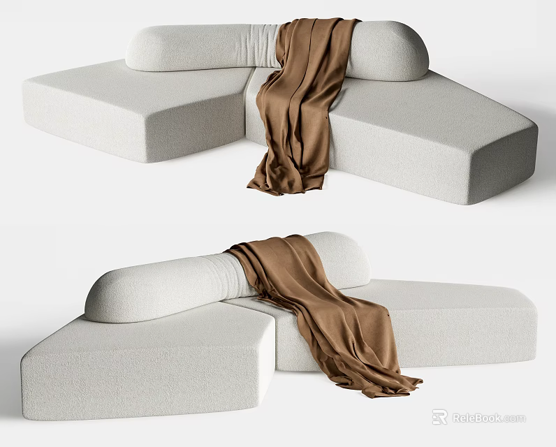 Stylish Irregular Shape Sofa With Soft White Upholstery And Brown Throw Blanket 3d model 