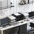 Modern Office Desk With Two Ergonomic Chairs Laptops File Cabinet Maps Shelf Folders and Plant