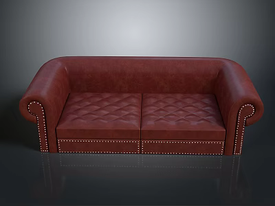 Classic Red Leather Sofa With Tufted Design And Nailhead Trim Details 3d model