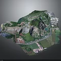 Detailed 3D Mountainous Terrain Model Featuring Vegetation Roads And Water Bodies