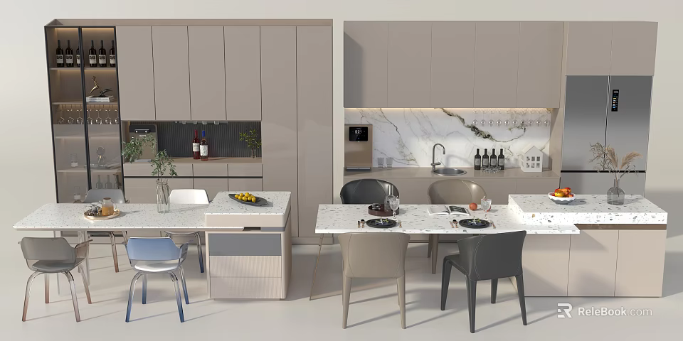 Modern Dining Table Set With Chairs Marble Countertops And Kitchen Cabinets 3d model