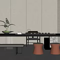 Modern Tea Table And Chairs Setting With Indoor Plants Stools And Tea Sets 3d model