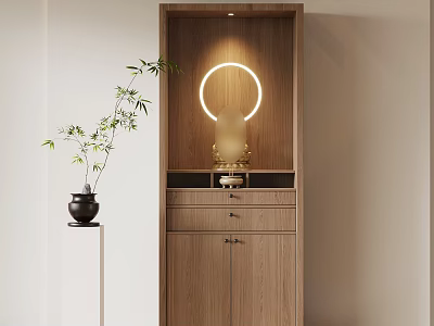 Wooden Cabinet With Circular Light Sculpture And Bamboo Plant In Black Pot 3d model