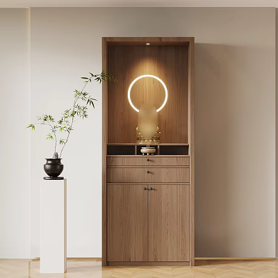 Wooden Cabinet With Circular Light Sculpture And Bamboo Plant In Black Pot 3d model