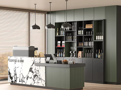 Modern Café Interior With Marble Counter Black Hanging Lights Striped Walls And Shelves With Bottles 3d model