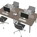 Long Brown Office Desk With Multiple Computer Monitors And Ergonomic Office Chairs 3d model