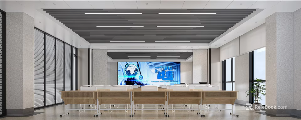 School Modern Multimedia Classroom With Large Screen And Desks 3d model 