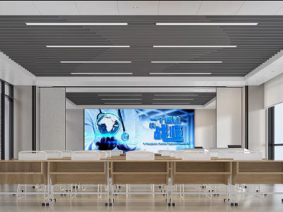 School Modern Multimedia Classroom With Large Screen And Desks 3d model