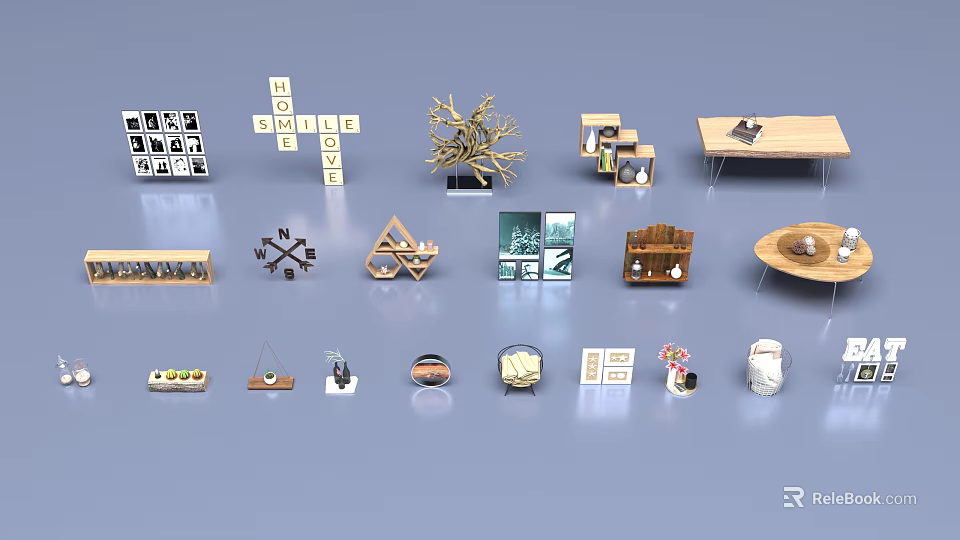Diverse Creative Art Installation Featuring Geometric Shapes Natural Elements And Decorative Pieces 3d model 