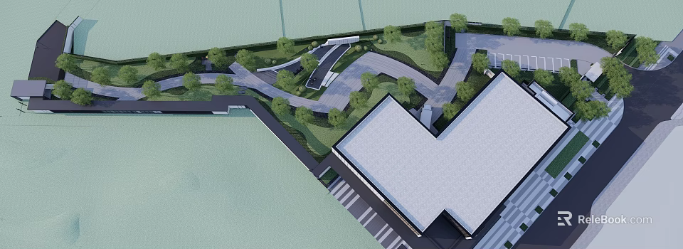 Garden Landscape Design Featuring Curved Pathways Lush Greenery And Modern Building Integration 3d model 