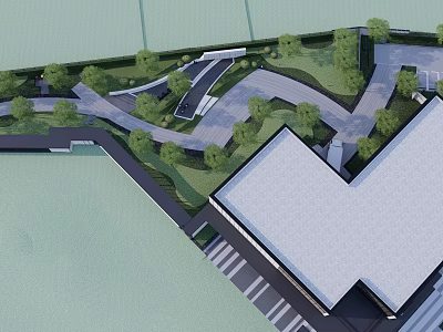 Garden Landscape Design Featuring Curved Pathways Lush Greenery And Modern Building Integration 3d model