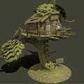 Rustic Wooden Treehouse With Small Window Leafy Branches And Wooden Platform 3d model