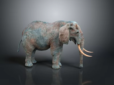 3D Elephant with Gray Brown Texture Long Ivory Tusks Standing on Dark Background and Reflection 3d model