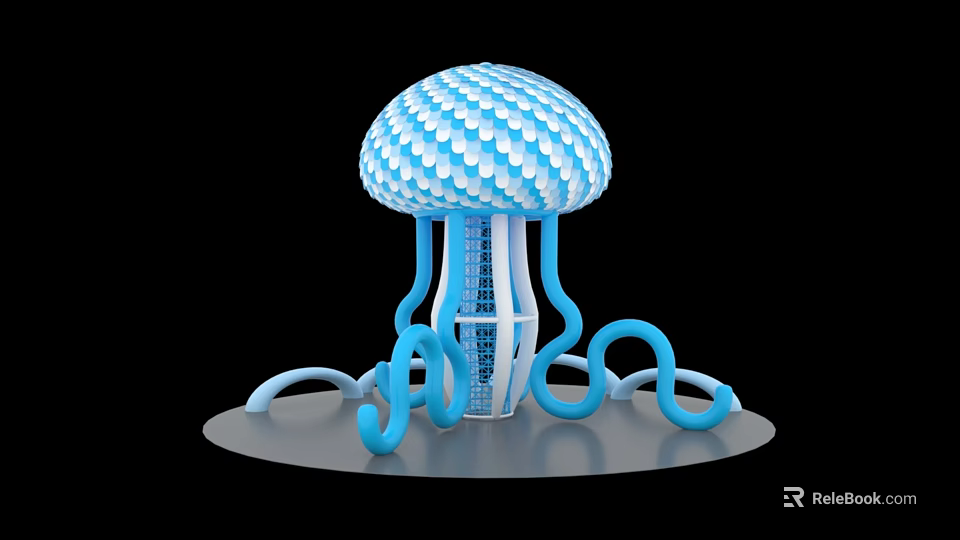 Blue And White Jellyfish Shaped 3D Model With Wavy Texture And Curved Tentacles 3d model 