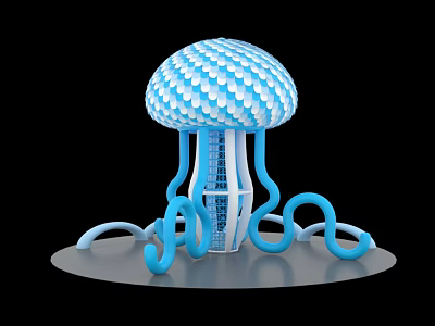 Blue And White Jellyfish Shaped 3D Model With Wavy Texture And Curved Tentacles 3d model