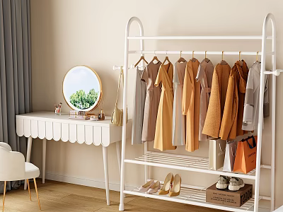 Stylish White Freestanding Garment Rack With Hanging Clothes Dressing Table Mirror And Shoes 3d model