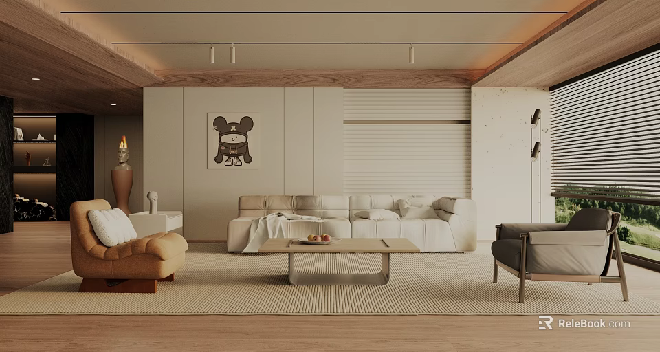Modern Open Concept Living Dining Room Interior With Beige Sofa Wooden Flooring And Decorative Painting 3d model 
