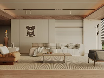 Modern Open Concept Living Dining Room Interior With Beige Sofa Wooden Flooring And Decorative Painting 3d model