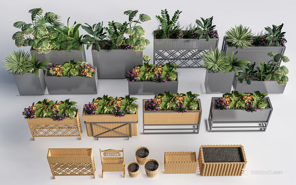 Decorative Flower Planters With Wooden And Metal Designs And Green Plants 3d model 