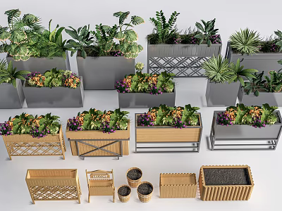 Decorative Flower Planters With Wooden And Metal Designs And Green Plants 3d model