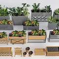 Decorative Flower Planters With Wooden And Metal Designs And Green Plants