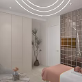 Modern Apartment Interior With White Chairs Coffee Table Circular Lights Arched Doorway Bed And Stools