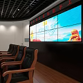 Modern Conference Room Interior With Large Video Wall And Leather Wooden Arm Chairs
