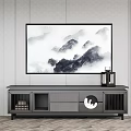 Modern Gray TV Stand with Drawers and Open Shelves and Mountain Painting in Living Room