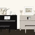 Stylish Musical Instruments And Art Supplies Display With Black White Pianos Art Frames And Decor