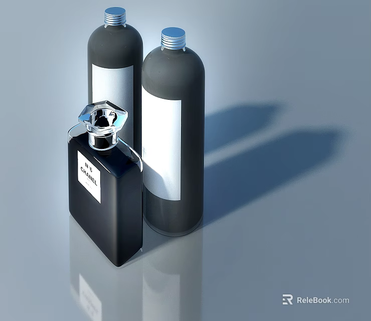 Black Square Perfume Bottle With Gray Cylindrical Containers On Gray Surface 3d model 